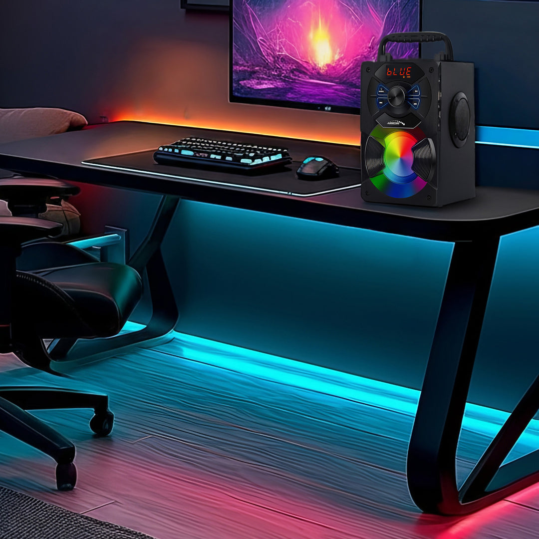 Hordozható bluetooth hangszóró / rádió / SD / MMC / aux-in / USB / világítás / távirányító / teleszkópos antenna / mikrofoncsatlakozó