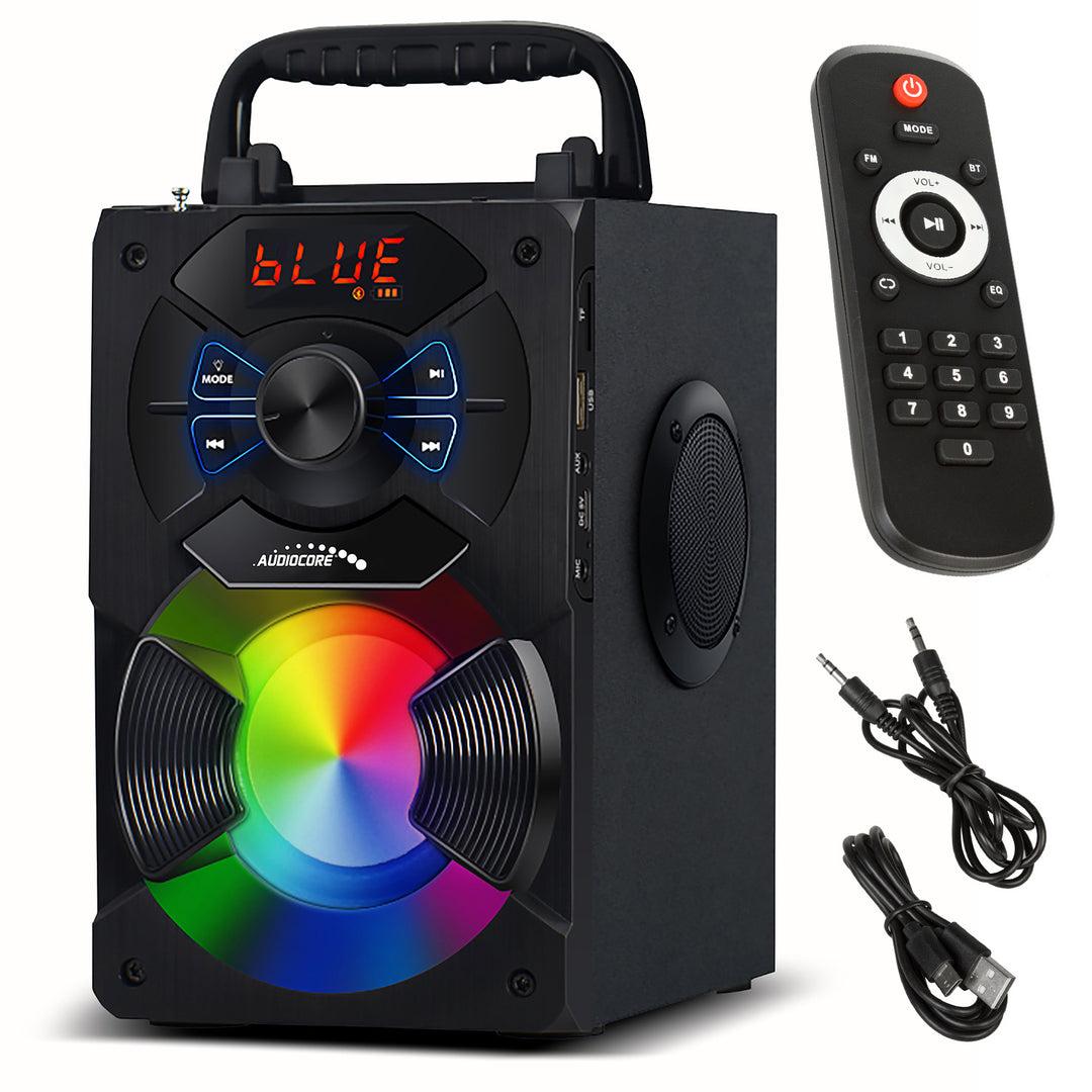 Hordozható bluetooth hangszóró / rádió / SD / MMC / aux-in / USB / világítás / távirányító / teleszkópos antenna / mikrofoncsatlakozó