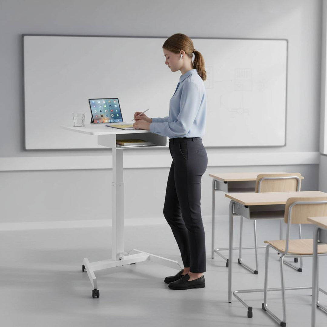 Maclean laptop asztal, állítható magasságú, fiókos, fehér, álló és ülő munkához, max. magasság 113cm - 8kg max, MC-903W