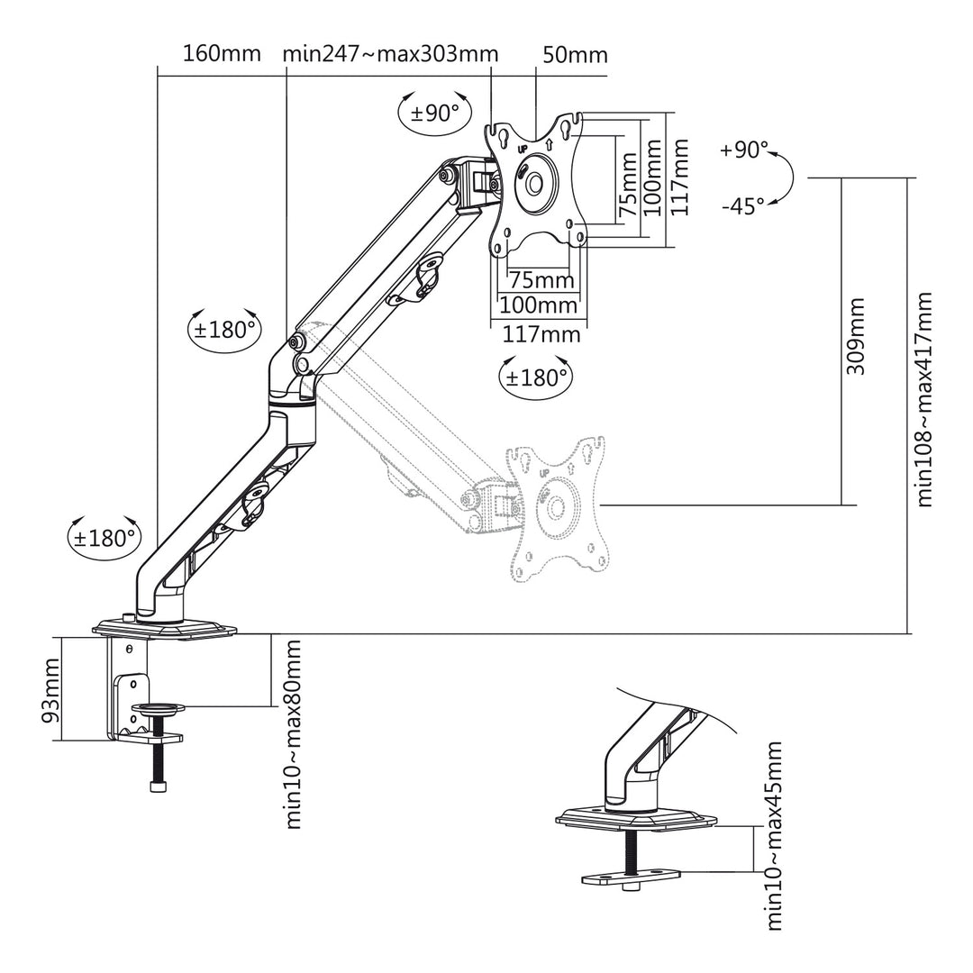 Univerzális asztali tartó monitorhoz Maclean, gázrugós 17"-27" 7kg, VESA 75x75,100x100, MC-906