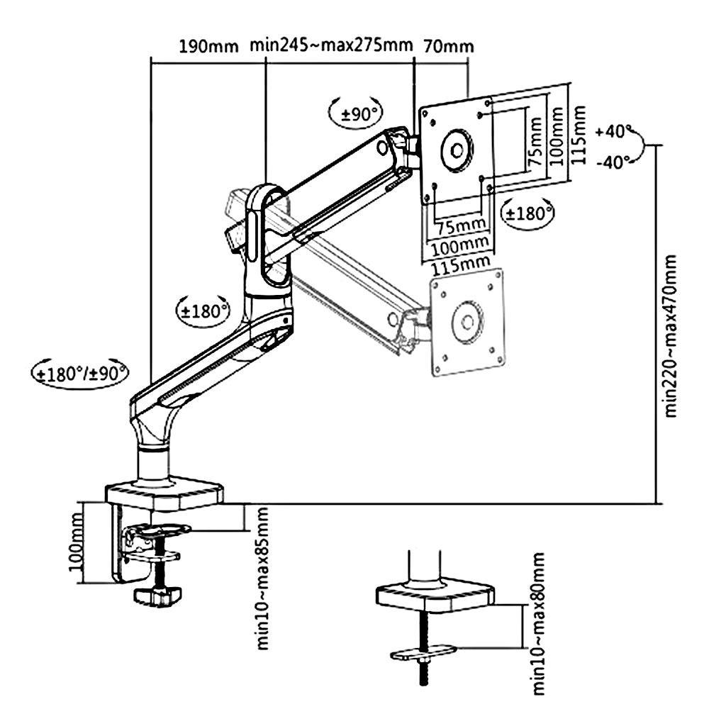 Ergo Office monitor tartó, prémium gázrugós, dupla karos 17"-32" 9 kg, ER-436