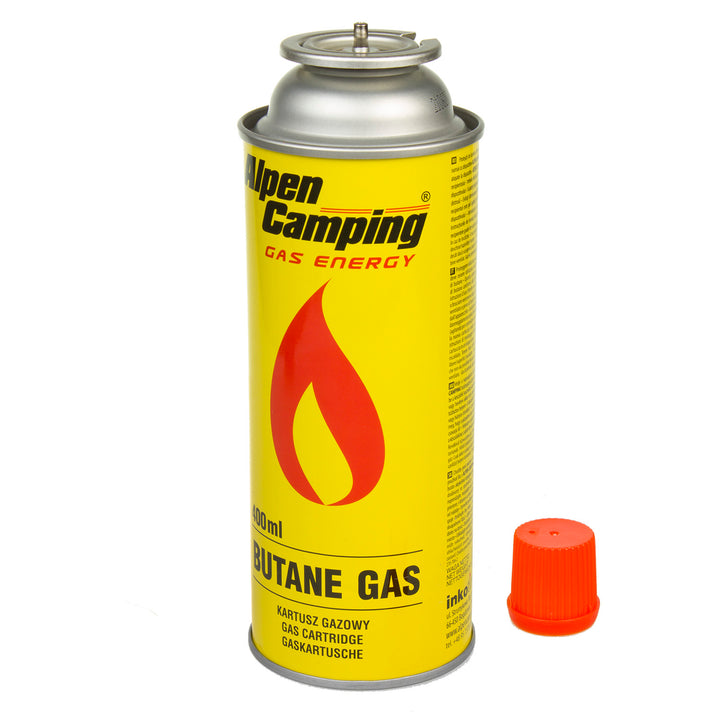 Gázpatron 400ml Alpen Camping. Tanúsítvány: Megfelel az EN417 szabványnak, izobután, működési tartomány -10°c és + 40°c között, IK004.