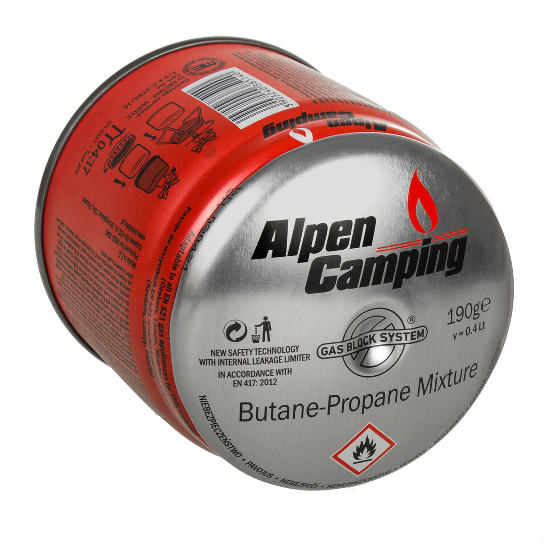 Gázpatron 400ml Alpen Camping. Tanúsítvány: 40°c-ig, GAS STOP rendszer IK006