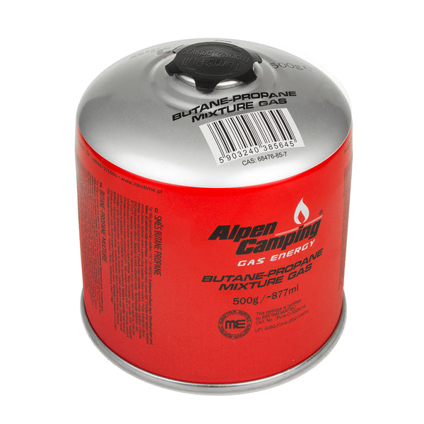 Alpen Camping 500g gázpatron. Tanúsítvány: Pi 0437, megfelel az EN417 szabványnak, propán-bután, -10 °C és + 40 °C közötti tartomány, 7/16" menetes szelep IK008