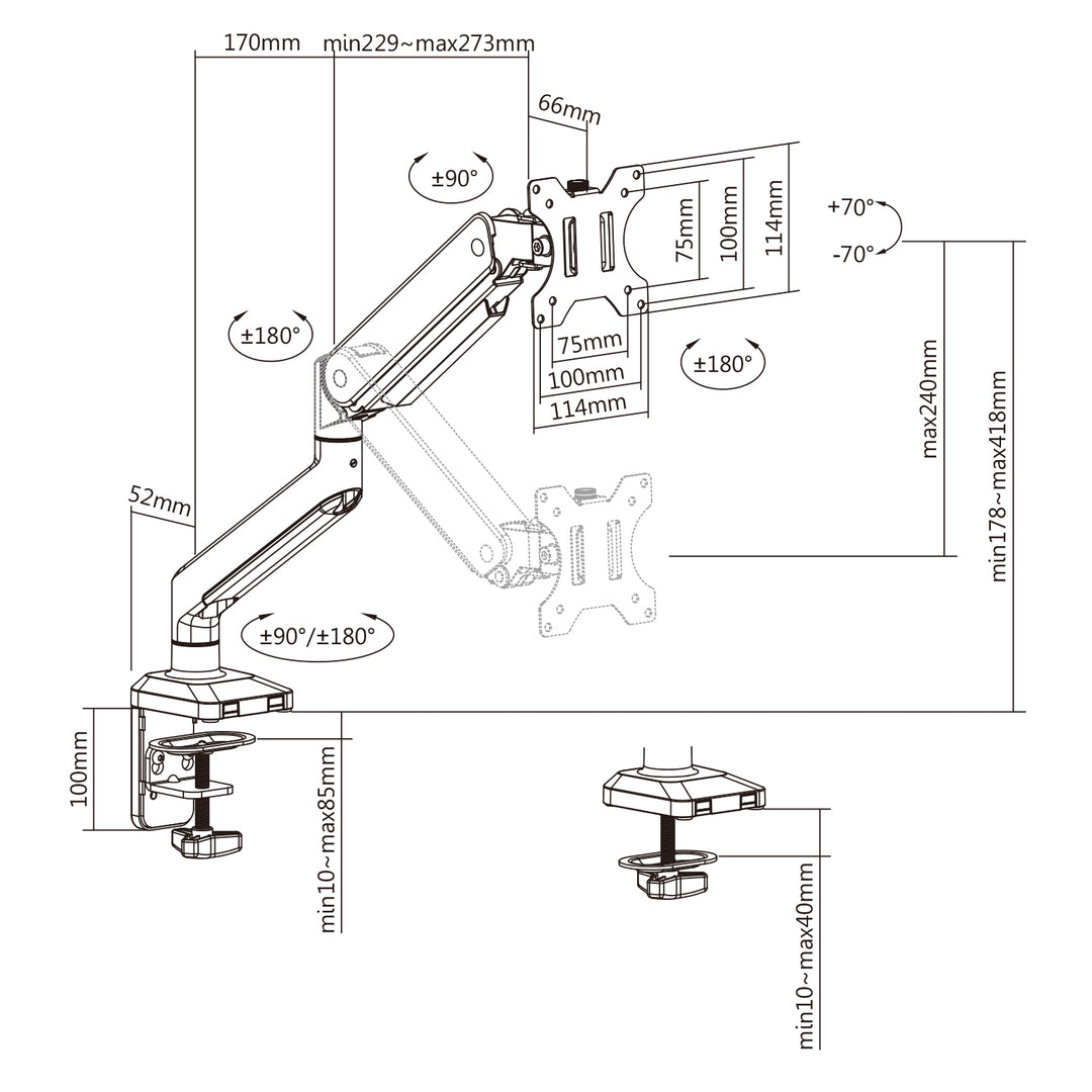 Alumínium monitortartó gázrugós Ergo Office, dupla karos, vesa 75x75/100x100, 17"-32" 10 kg ezüst, ER-447