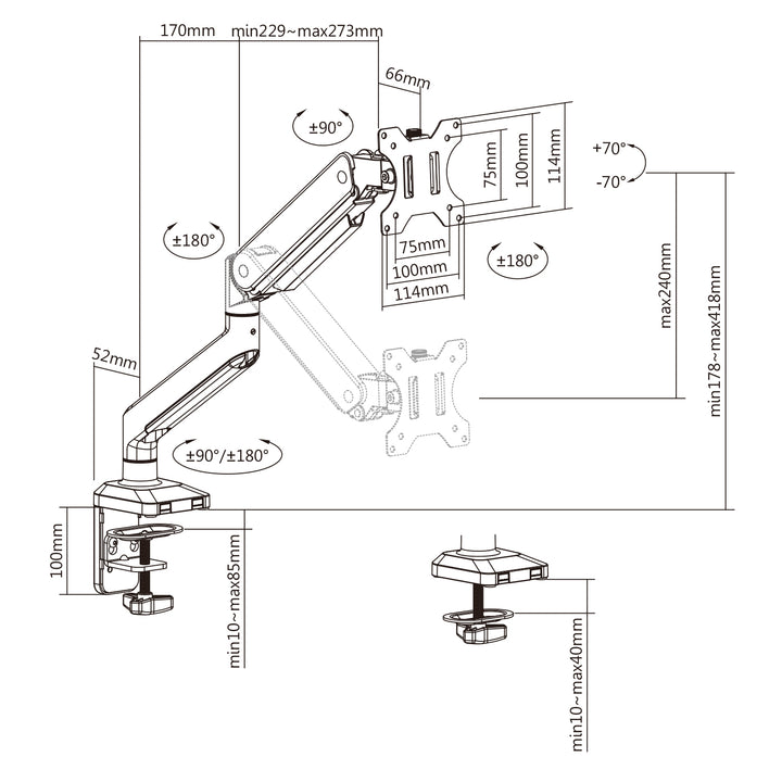 Alumínium monitortartó gázrugós Ergo Office, dupla karos, vesa 75x75/100x100, 17"-32" 10 kg ezüst, ER-447