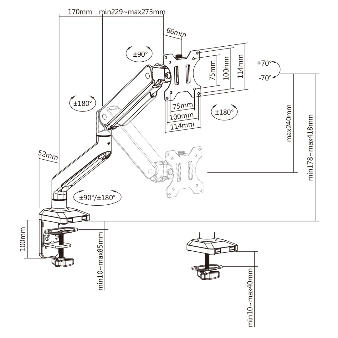 Univerzális monitor asztali tartó Ergo Office, gázrugós 17"-35" 15kg, VESA 75x75 / 100x100, ER-445