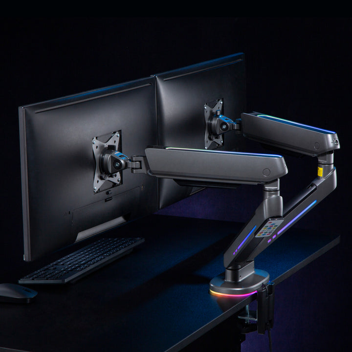 NanoRS gaming tartó két monitorhoz, RGB LED háttérvilágítás, 17-32", max. 9kg, VESA 75x75 / 100x100, RS166