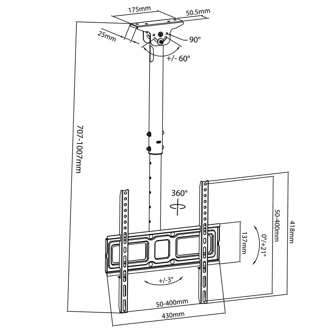 Maclean mennyezeti tartó TV-hez, VESA 400x400, 32"-50", távolság a mennyezettől 717-1017mm, max 35kg, MC-943