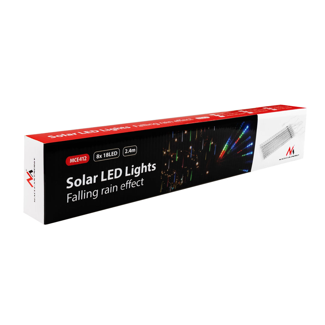 Maclean napelemes LED világítás, 2,4 m hosszú, 144 LED, 8 RGB jégcsap, leeső jégcsap üzemmód, Li 800mAh akkumulátor, MCE412
