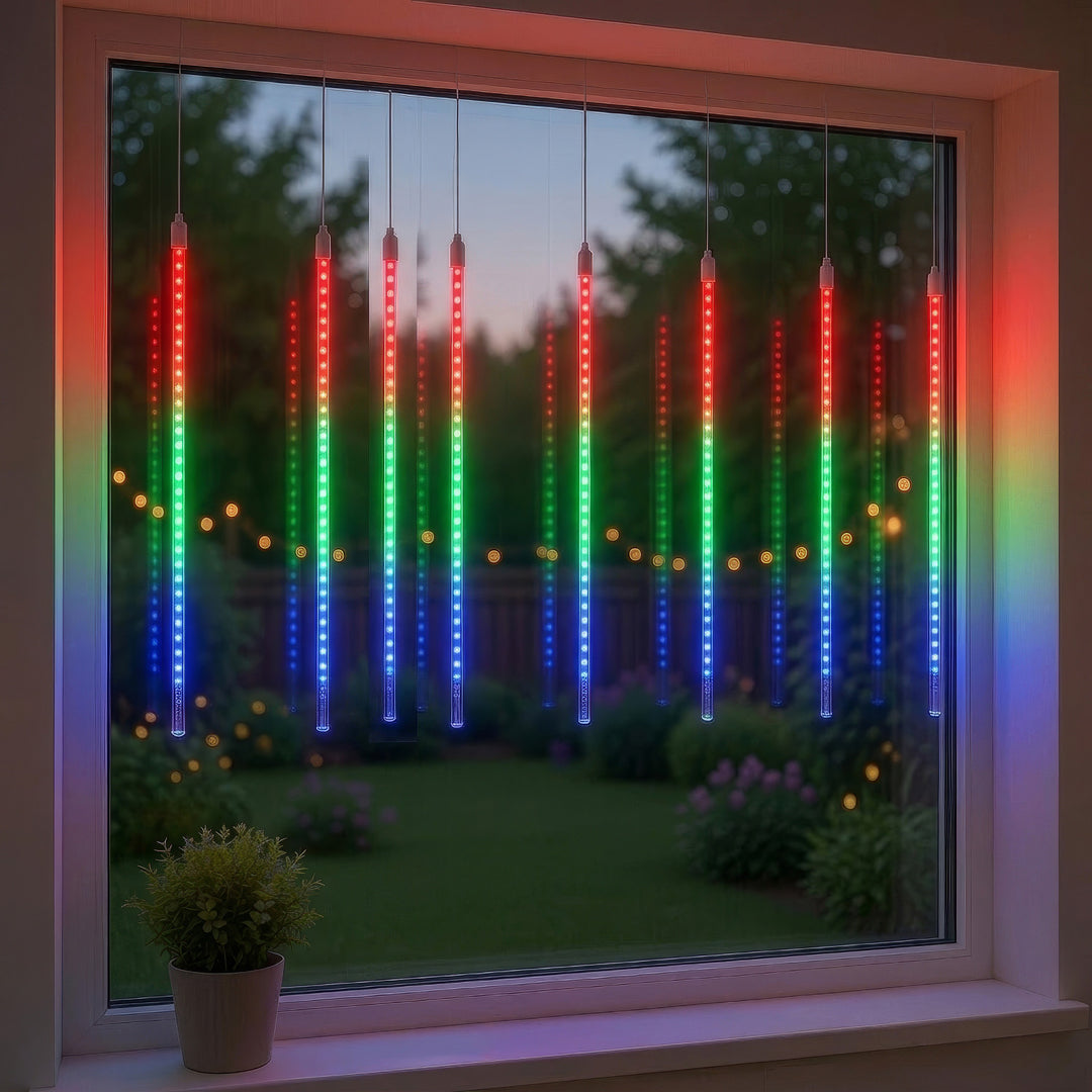 Maclean napelemes LED világítás, 2,4 m hosszú, 144 LED, 8 RGB jégcsap, leeső jégcsap üzemmód, Li 800mAh akkumulátor, MCE412