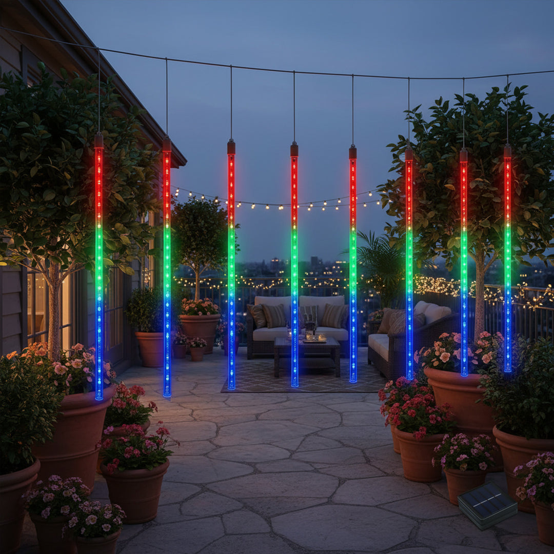 Maclean napelemes LED világítás, 2,4 m hosszú, 144 LED, 8 RGB jégcsap, leeső jégcsap üzemmód, Li 800mAh akkumulátor, MCE412