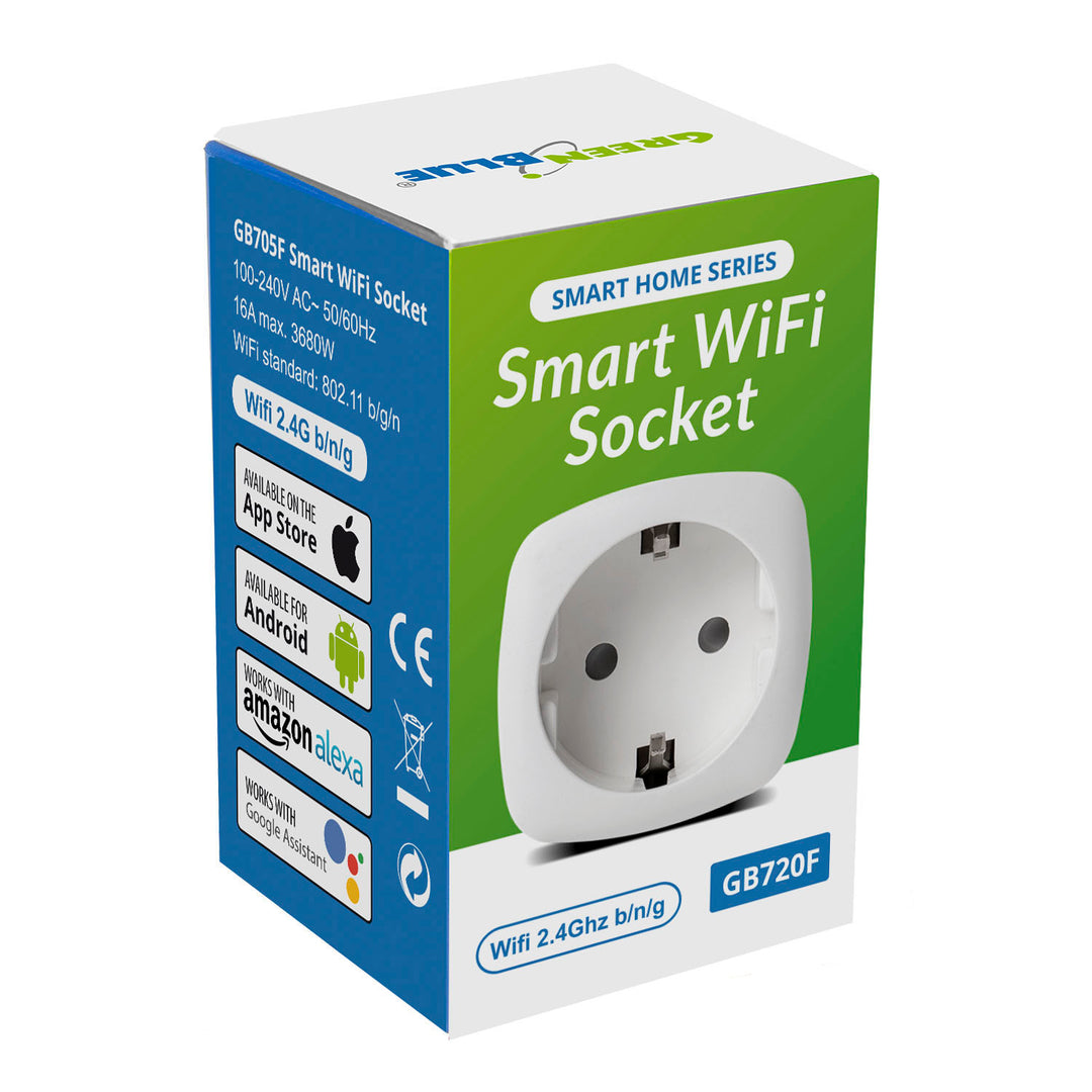 GreenBlue WiFi távirányítású konnektor, Android/iOS/Alexa/Google Home, fogyasztás. Energia, időzítő, max. 3680W, F típus, GB720 F