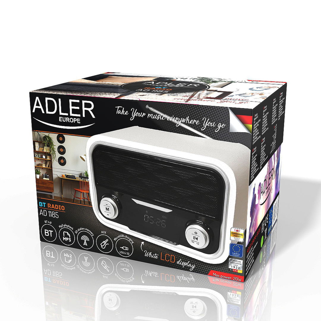 Rádió FM Bluetooth 1800 mAh SD USB MP3 AUX LCD Adler AD 1185