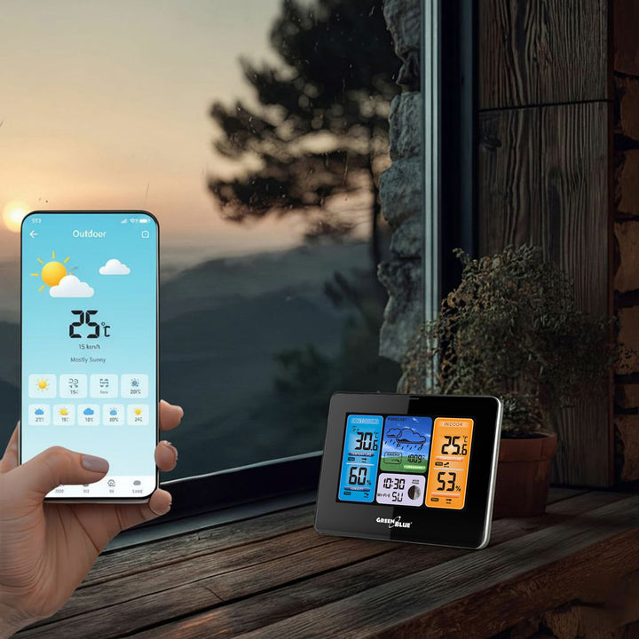 GreenBlue WiFi időjárás-állomás, TUYA-kompatibilis, kültéri érzékelő, naptár, időjárás-előrejelzés, barométer, GB215