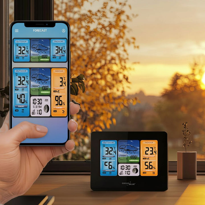 GreenBlue WiFi időjárás-állomás, TUYA-kompatibilis, kültéri érzékelő, naptár, időjárás-előrejelzés, barométer, GB215
