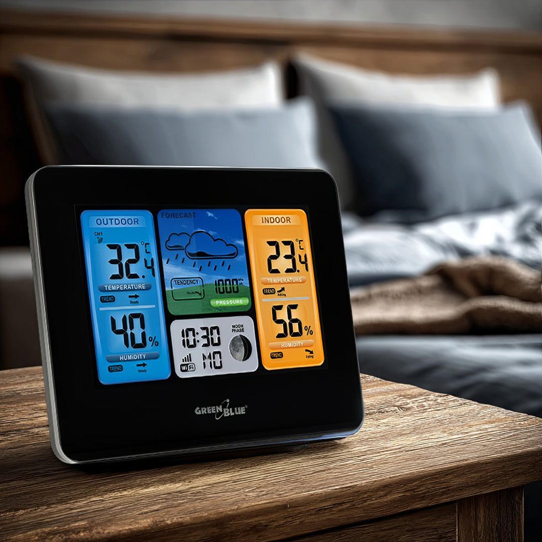 GreenBlue WiFi időjárás-állomás, TUYA-kompatibilis, kültéri érzékelő, naptár, időjárás-előrejelzés, barométer, GB215