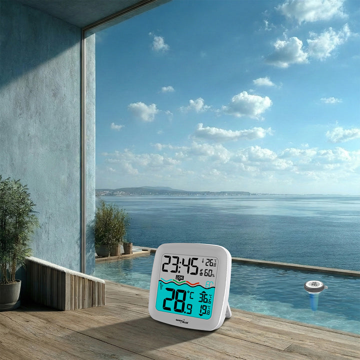 Időjárás állomás GreenBlue medence hőmérővel, 60m hatótávolság, úszó érzékelő, hőmérséklet, idő, naptár, DCF, GB216