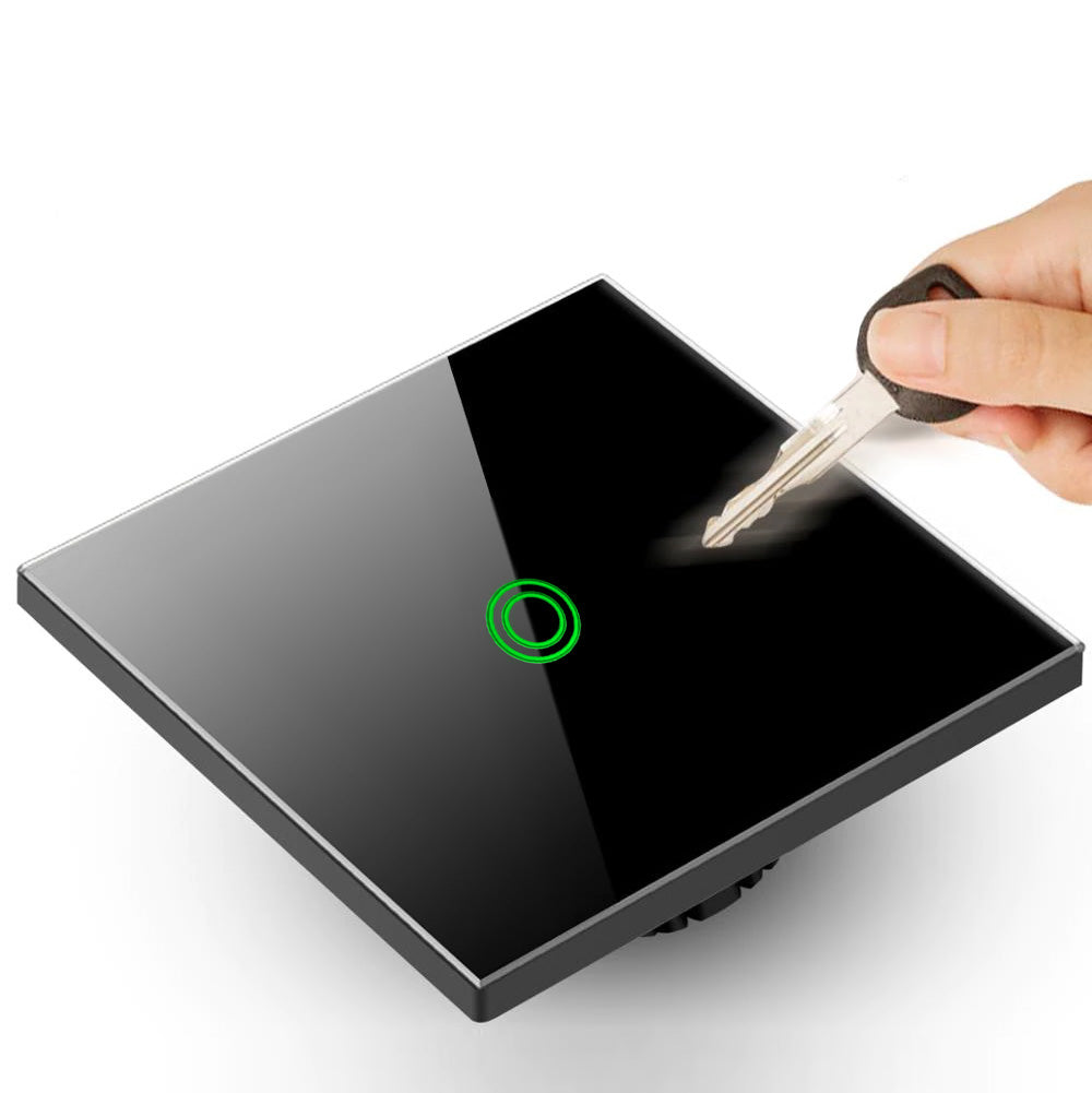 Maclean érintőkapcsoló, egylépcsős, kereszt, üveg, fekete, kerek gombos megvilágítással, 86x86mm, MCE710B