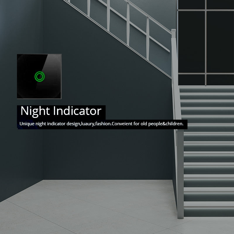 Maclean érintőkapcsoló, egylépcsős, kereszt, üveg, fekete, kerek gombos megvilágítással, 86x86mm, MCE710B