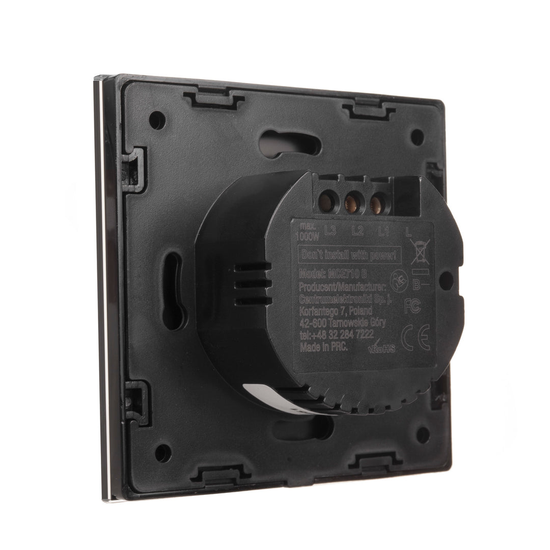 Maclean érintőkapcsoló, egylépcsős, kereszt, üveg, fekete, kerek gombos megvilágítással, 86x86mm, MCE710B