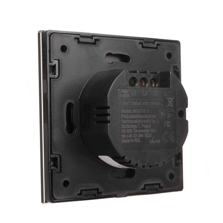 Maclean érintőkapcsoló, egylépcsős, kereszt, üveg, fekete, kerek gombos megvilágítással, 86x86mm, MCE710B