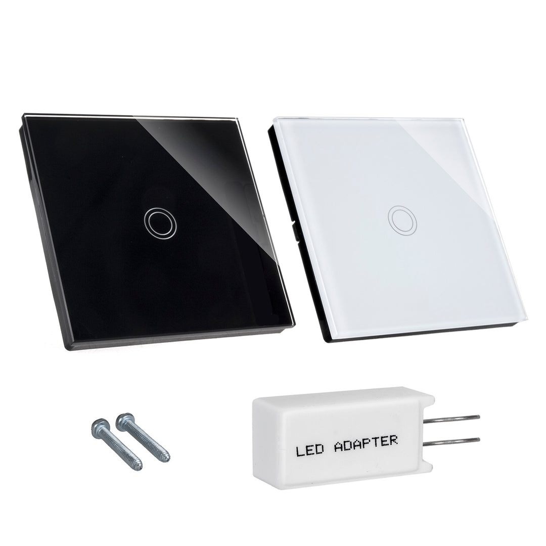 Maclean érintőkapcsoló, egylépcsős, kereszt, üveg, fekete, kerek gombos megvilágítással, 86x86mm, MCE710B