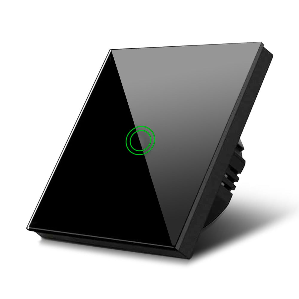 Maclean érintőkapcsoló, egylépcsős, kereszt, üveg, fekete, kerek gombos megvilágítással, 86x86mm, MCE710B