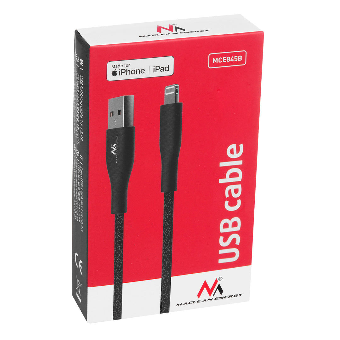MFi (Made for iPhone / iPod / iPad) kábel, amely támogatja a Fast Charge 2,4 A-es gyorstöltést – Maclean Energy MCE845B, fekete, 1 m hosszú, 5 V/2,4 A – adatátvitel