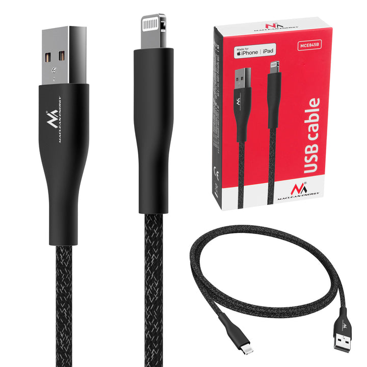 MFi (Made for iPhone / iPod / iPad) kábel, amely támogatja a Fast Charge 2,4 A-es gyorstöltést – Maclean Energy MCE845B, fekete, 1 m hosszú, 5 V/2,4 A – adatátvitel
