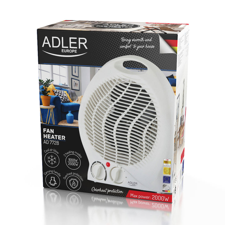 Adler fűtőventilátor, termosztát, ventilátor funkció, 2000W, fehér, AD 7728