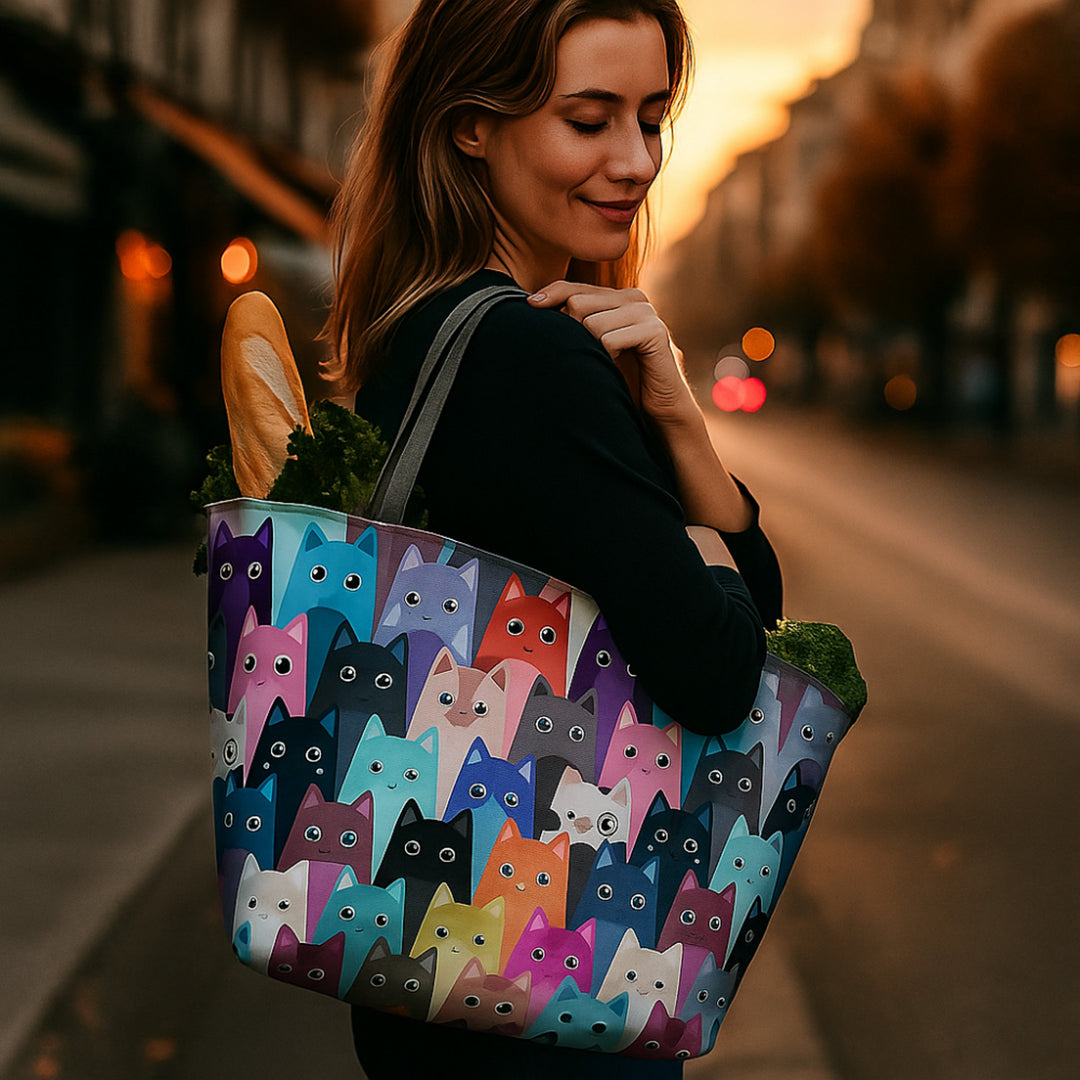 Bertoni válltáska, cipzárral, időjárásálló, tartós nyomtatás, Meow mintával