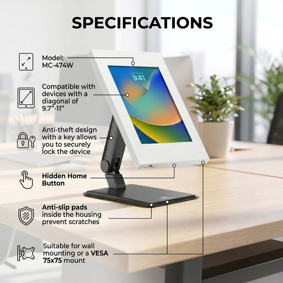 Maclean Tablet reklámtartó, fali tartó zárral, 9,7"-11", iPad/iPad Air/iPad Pro, Samsung Galaxy Tab A/Tab A7/Tab S6 Lite, MC-474W