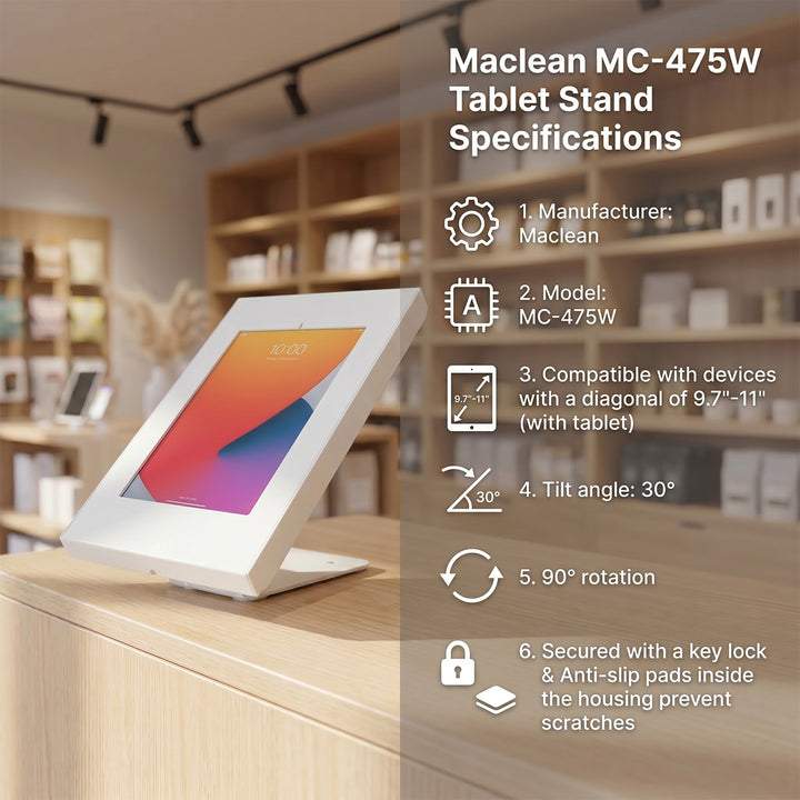 Maclean reklám táblagéptartó, fali/irodai tartó zárral, 9,7"-11", iPad/iPad Air/iPad Pro, Samsung Galaxy Tab A/Tab A7/Tab S6 Lite, MC-475W