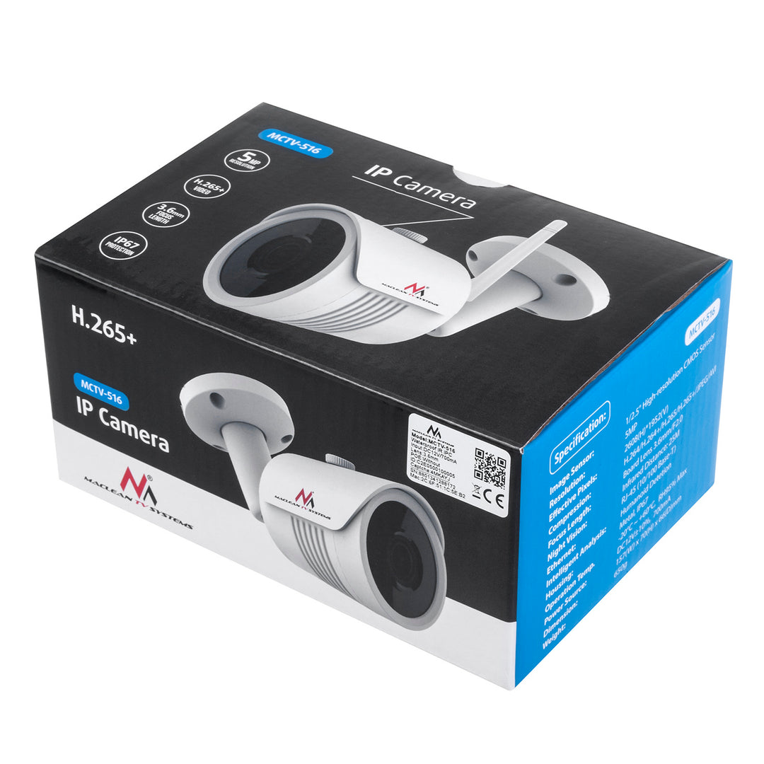 Maclean IP kamera IPC WiFi 5MPx kültéri, szarv, CMOS 1/2.5", H.264/H.264+/H.265/H.265+/JPEG/AVI, Onvif, MCTV-516