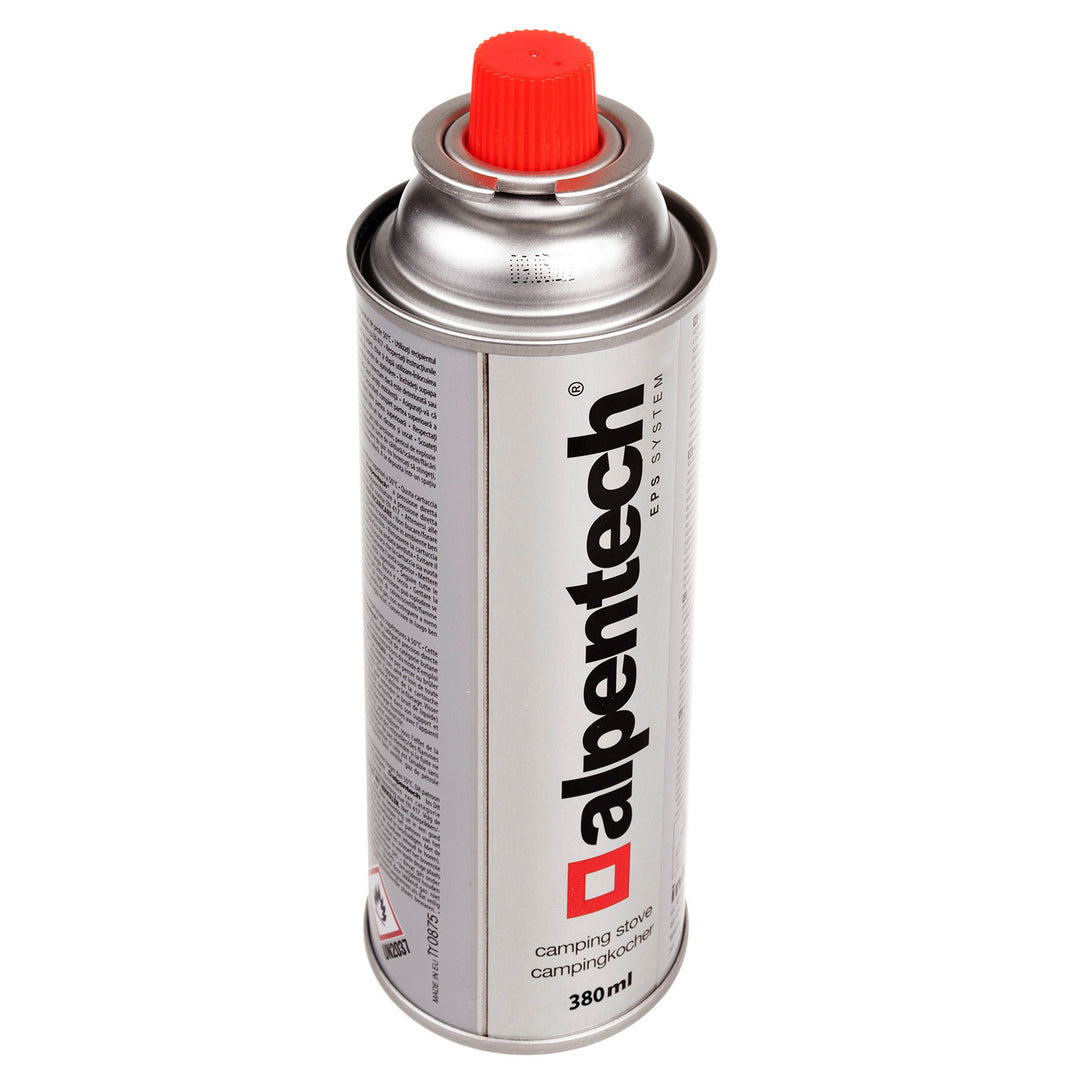 Alpentech 380 ml-es gázpatron, tanúsítvány: Pi 0875, megfelel az EN521 szabványnak, bután, működési hőmérséklet-tartomány: -5 °C és +40 °C között, IK300