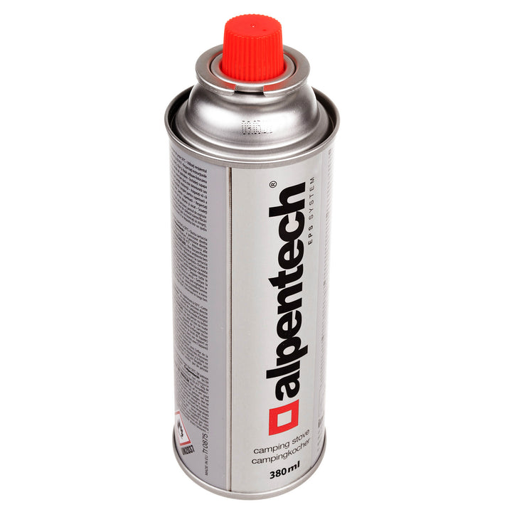 Alpentech 380 ml-es gázpatron, tanúsítvány: Pi 0875, megfelel az EN521 szabványnak, bután, működési hőmérséklet-tartomány: -5 °C és +40 °C között, IK300