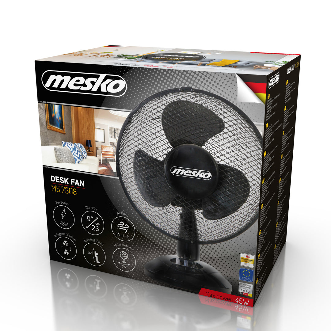 Íróasztalventilátor 23cm 45W Mesko MS 7308, oszcilláció, két fokozatú ventilátorral