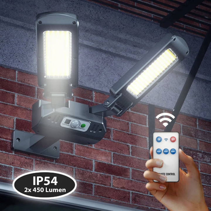 Napelemes LED utcai lámpa mozgásérzékelővel és távirányítóval Maclean IP54, 5W, 2x450lm, 6500K, Li-ion 2400 mAh, 3 üzemmód MCE447