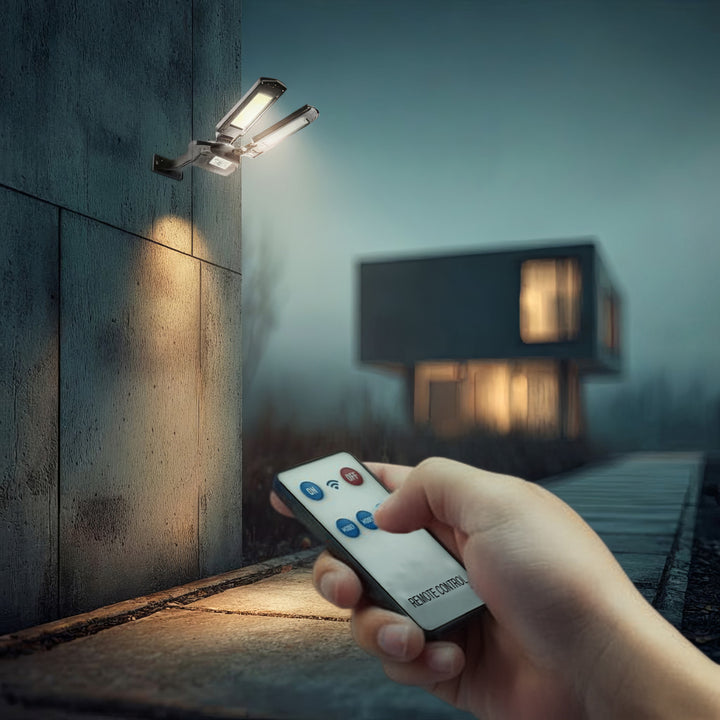 Napelemes LED utcai lámpa mozgásérzékelővel és távirányítóval Maclean IP54, 5W, 2x450lm, 6500K, Li-ion 2400 mAh, 3 üzemmód MCE447