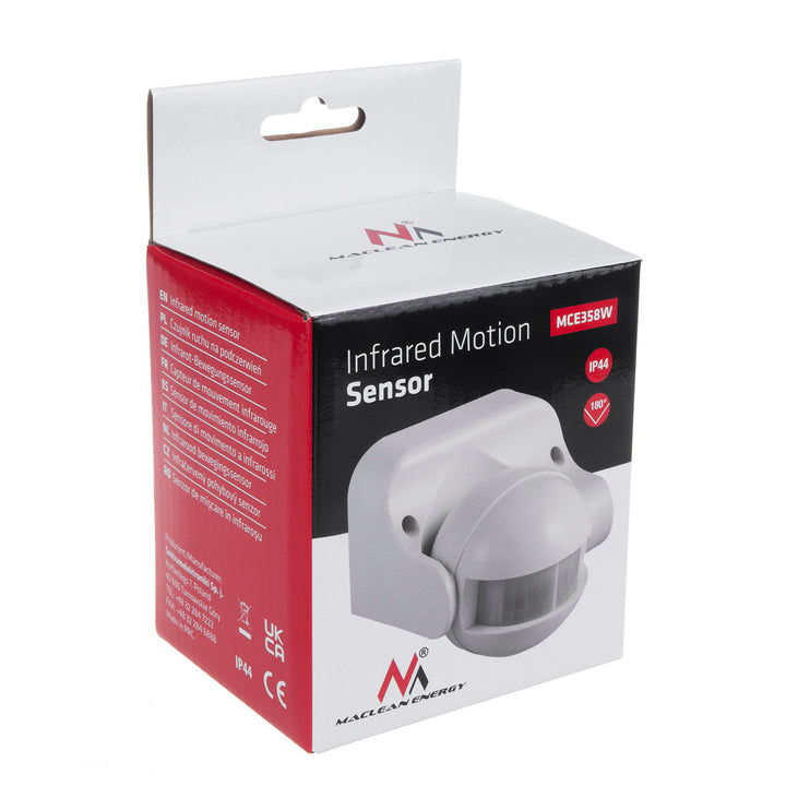 Maclean PIR mozgásérzékelő, infravörös, IP44, fehér, hatótávolság 12m, max. terhelés 800/1200W, MCE358 W