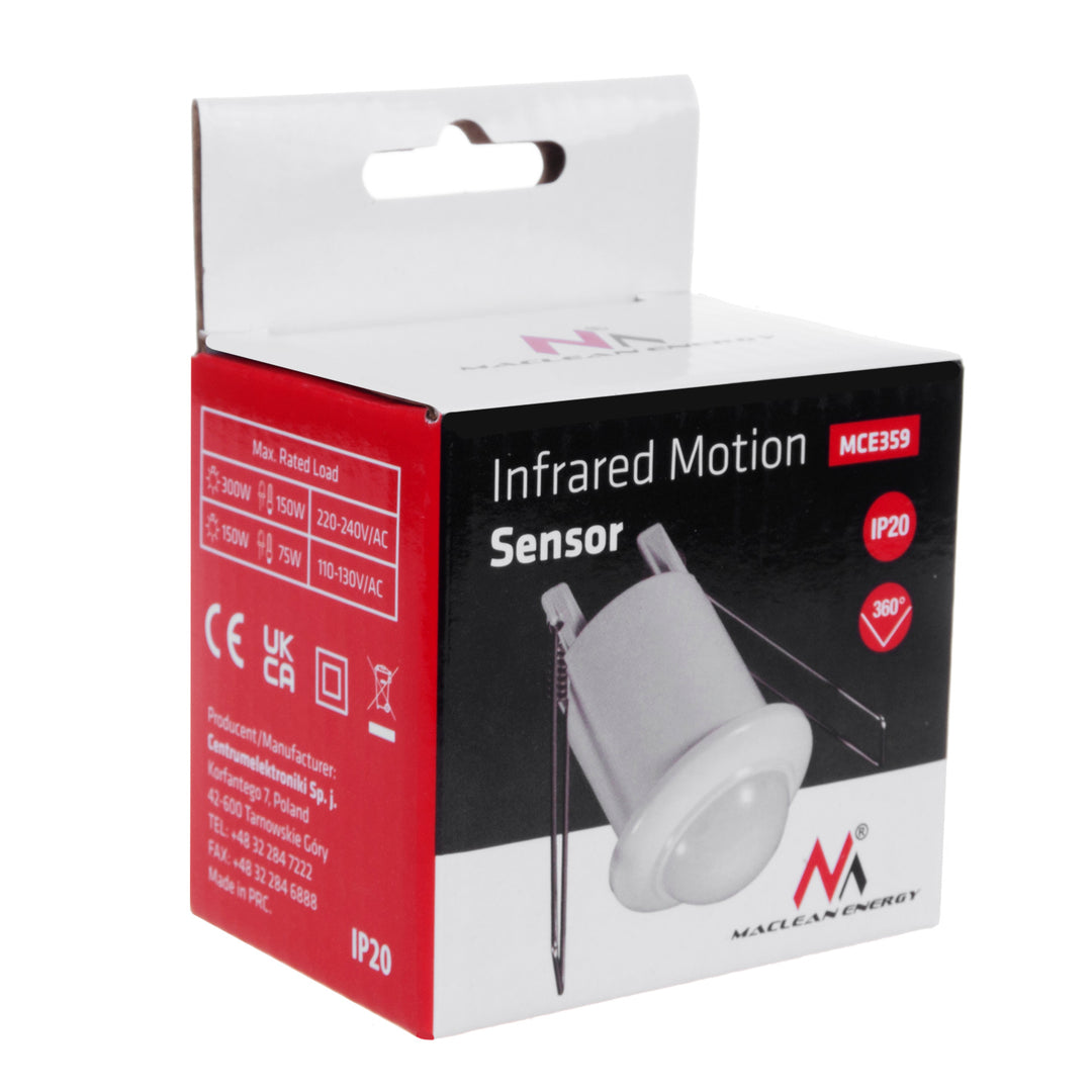 Maclean PIR mozgásérzékelő, mennyezetre szerelhető, hatótávolság 6m, max. terhelés 300/150W, MCE359
