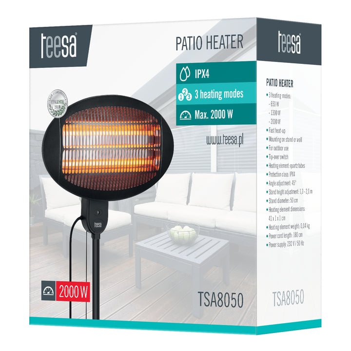 Teesa elektromos teraszfűtő, esőálló, három fűtési móddal, magasság- és szögbeállítás, TSA8050