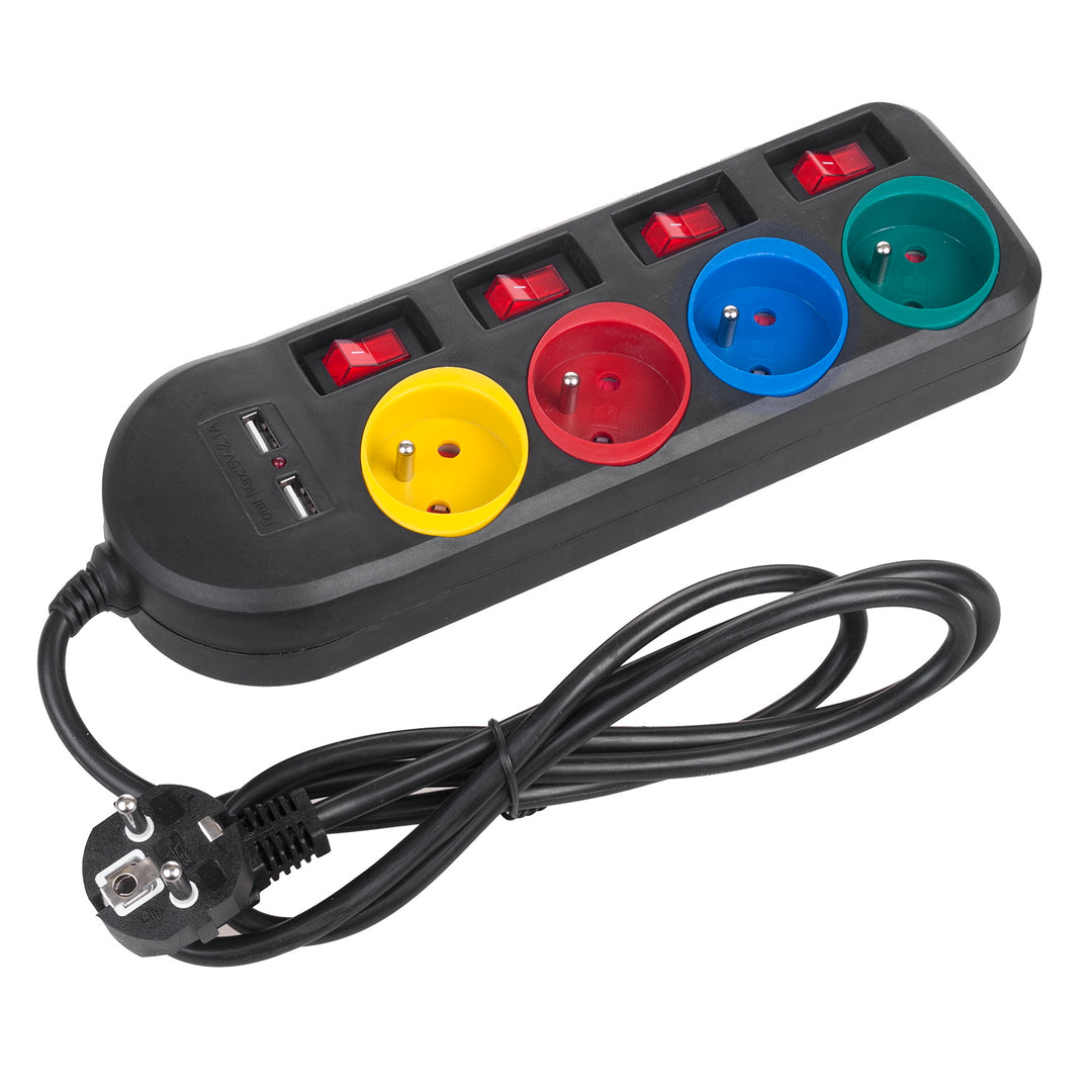 Maclean hálózati szalag, 4 csatlakozós hosszabbító kábel + 2xUSB, kapcsolókkal, 250VAC/10A, 2.1A 5V, 1.5m, fekete, MCE229 B