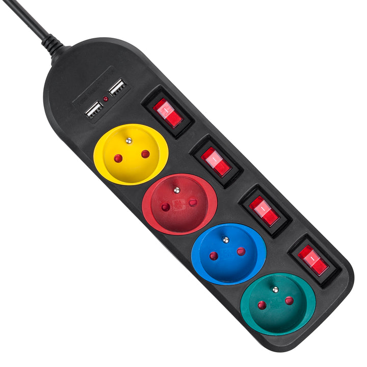 Maclean hálózati szalag, 4 csatlakozós hosszabbító kábel + 2xUSB, kapcsolókkal, 250VAC/10A, 2.1A 5V, 1.5m, fekete, MCE229 B