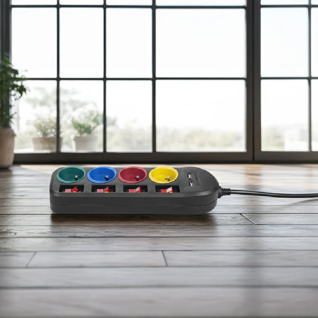 Maclean hálózati szalag, 4 csatlakozós hosszabbító kábel + 2xUSB, kapcsolókkal, 250VAC/10A, 2.1A 5V, 1.5m, fekete, MCE229 B