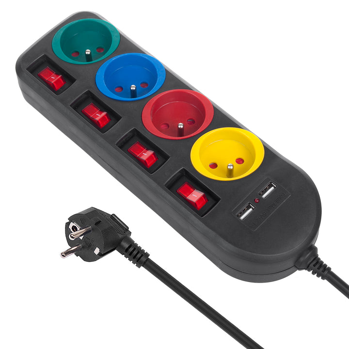 Maclean hálózati szalag, 4 csatlakozós hosszabbító kábel + 2xUSB, kapcsolókkal, 250VAC/10A, 2.1A 5V, 1.5m, fekete, MCE229 B
