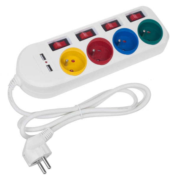 Maclean hálózati szalag, 4 csatlakozós hosszabbító kábel + 2xUSB, kapcsolókkal, 250VAC/10A, 2.1A 5V, 1.5m, fehér, MCE229 W