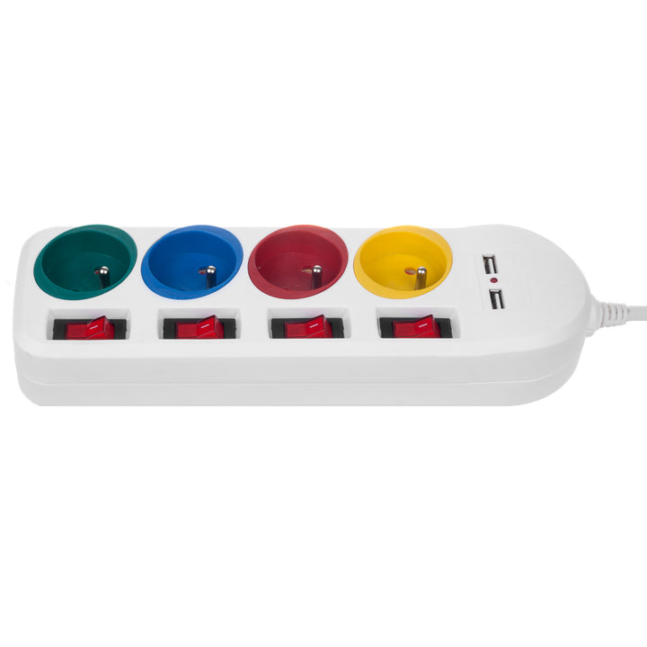 Maclean hálózati szalag, 4 csatlakozós hosszabbító kábel + 2xUSB, kapcsolókkal, 250VAC/10A, 2.1A 5V, 1.5m, fehér, MCE229 W
