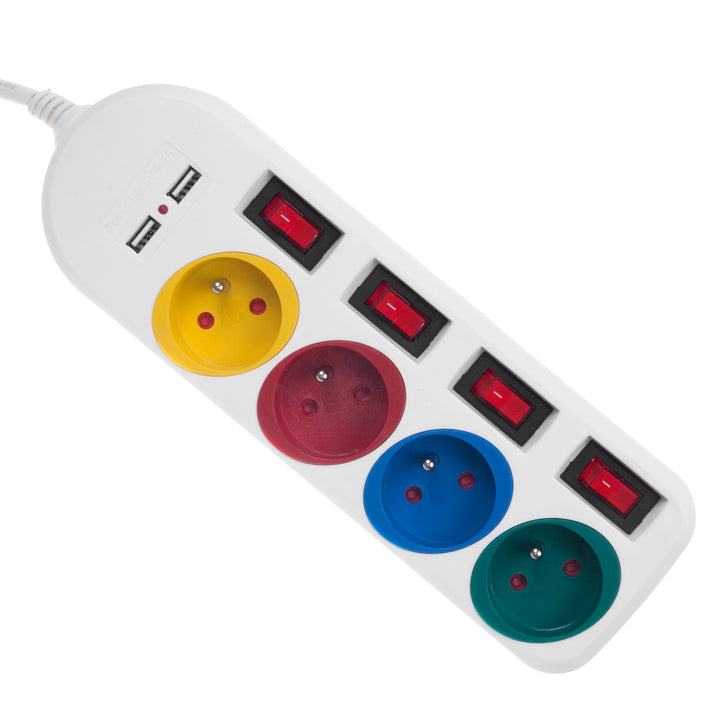 Maclean hálózati szalag, 4 csatlakozós hosszabbító kábel + 2xUSB, kapcsolókkal, 250VAC/10A, 2.1A 5V, 1.5m, fehér, MCE229 W